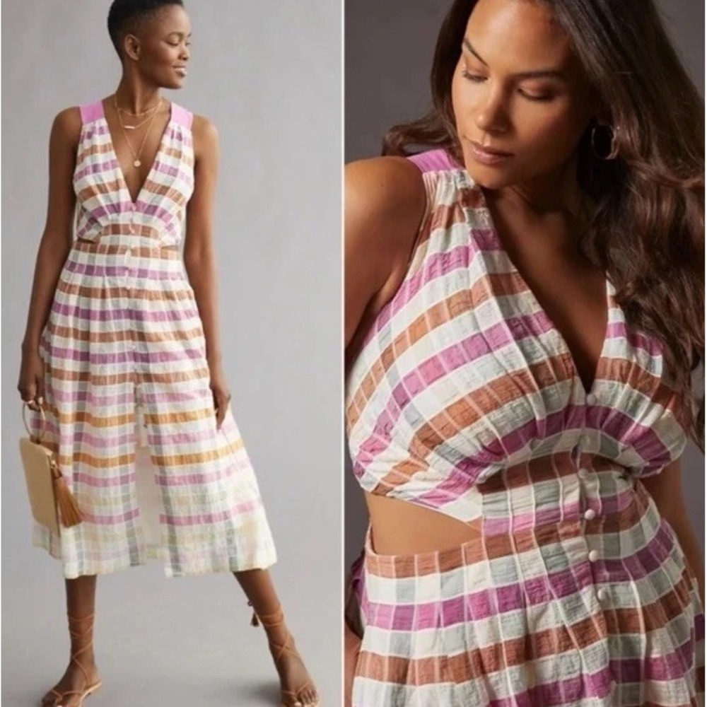 Anthropologie Maeve ombré plaid midi sundress cottagecore pockets‎  16 16W  XXL